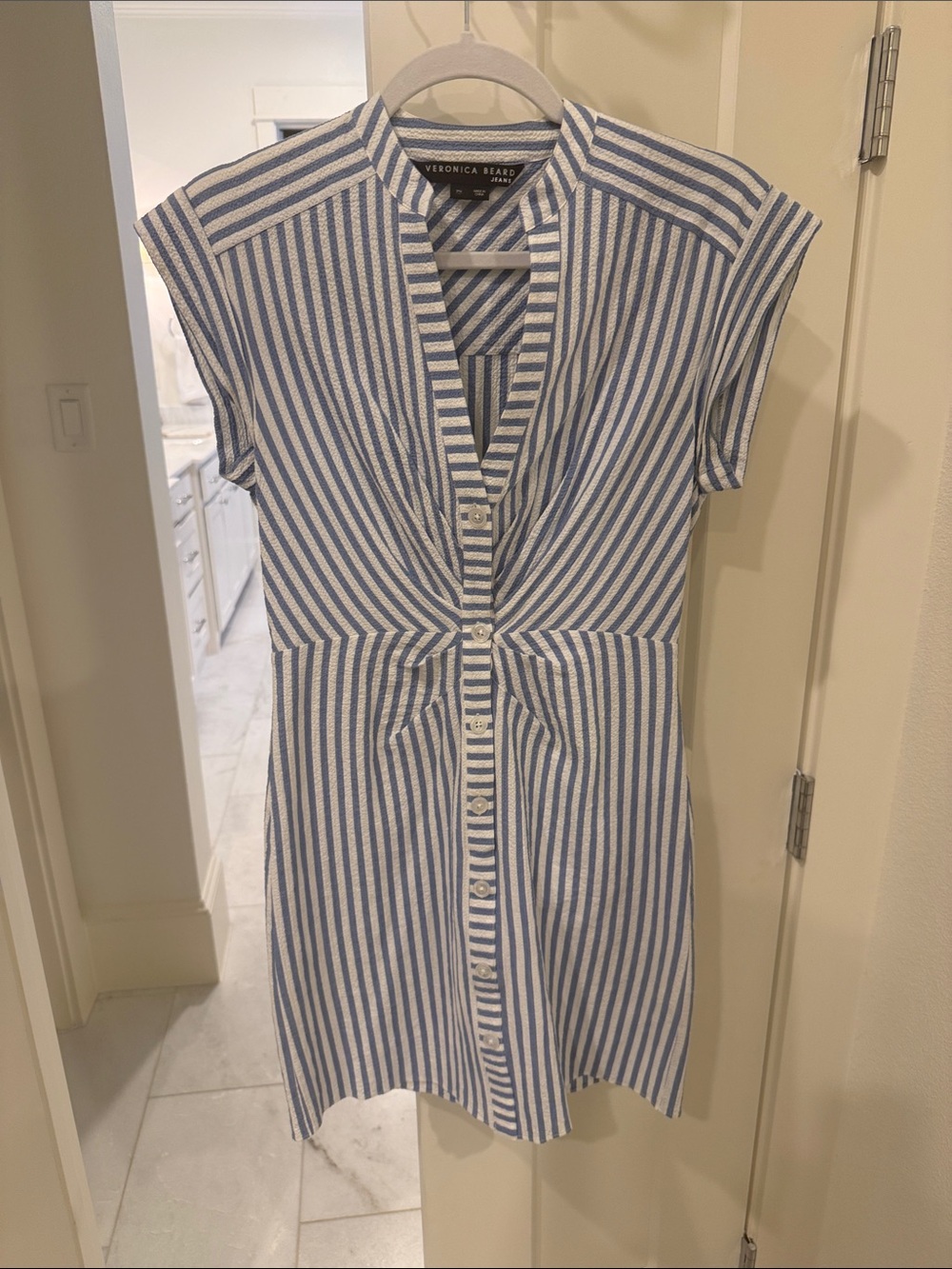 Veronica Beard Blue and White Striped Button Dress